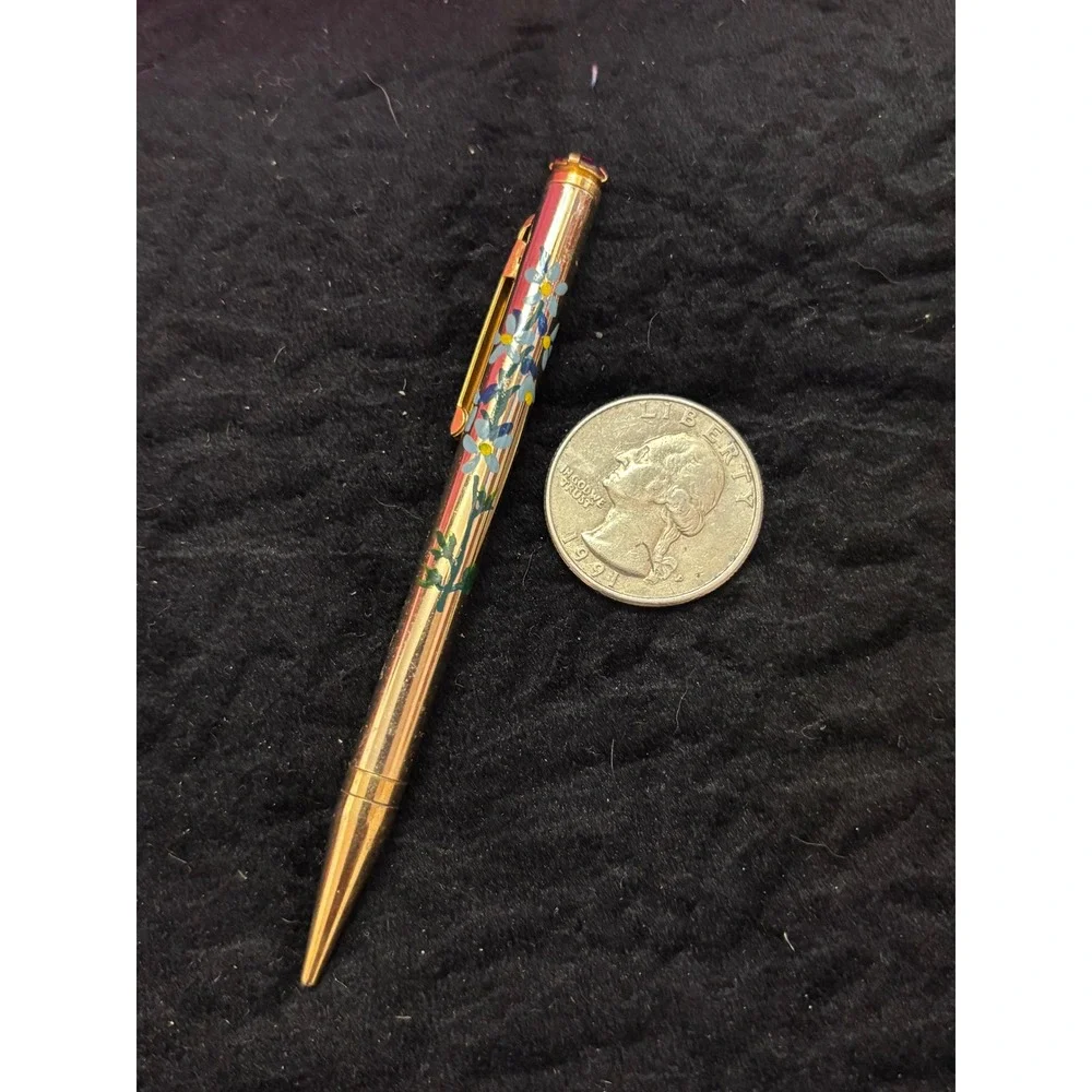 Vintage Mascot Mechanical Pencil Gold Tone Blue Floral Pink Jewel Top 3.25